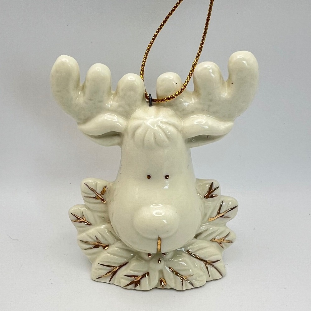 Reindeer Christmas Ornament Off White Ceramic and Gold 3 inches x 2 inches